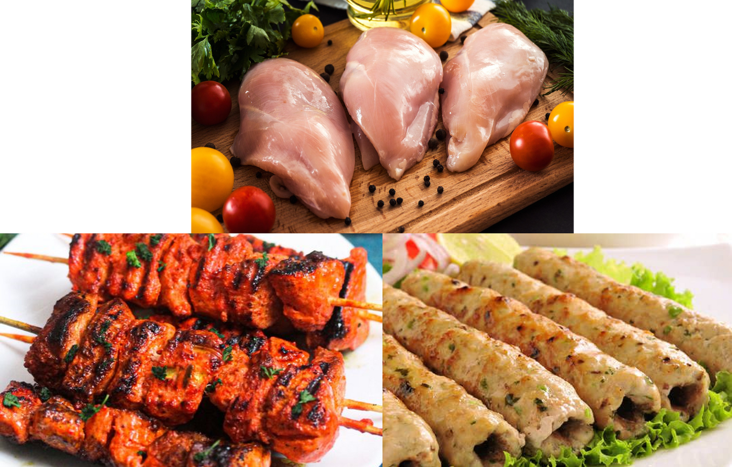 Combo Raw Kebabs and Chicken Breasts ( 500g Chicken breasts + 500g chicken tandoori tikka kebab + 500g Chicken Seekh kebab )